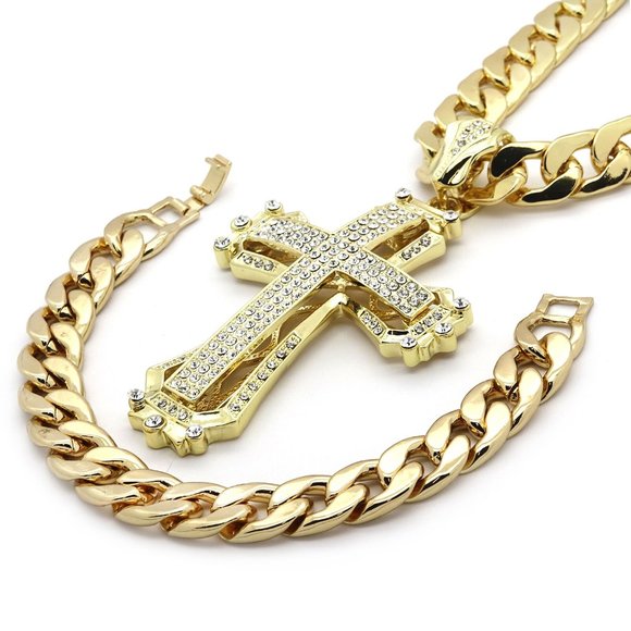 14k Gold Cross 14mm 30" Cuban Chain with Bracelet